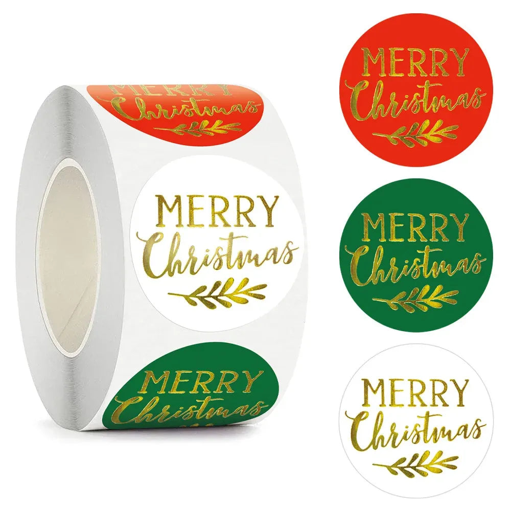 Round Merry Christmas sticker roll with red, green, and gold script circle labels