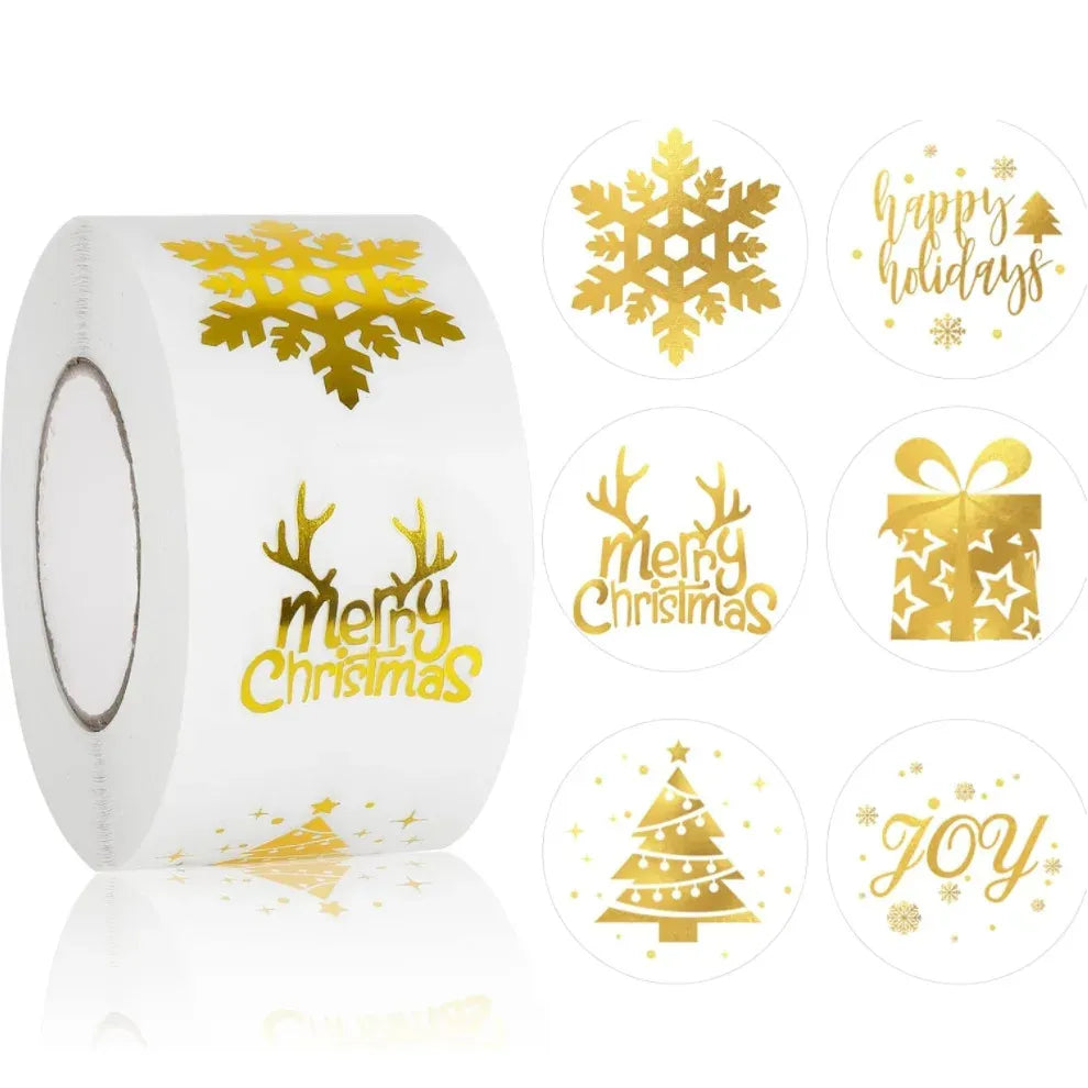 White roll of round holiday stickers with gold snowflakes, “Merry Christmas,” and tree icons.