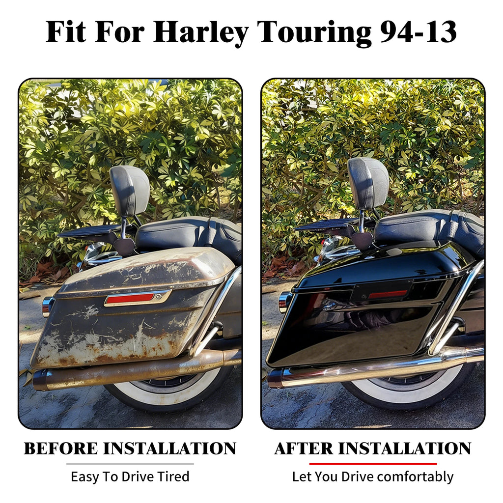 Black hard saddlebag trunks for Harley Touring 94-13 with chrome latches, shown before and after installation.