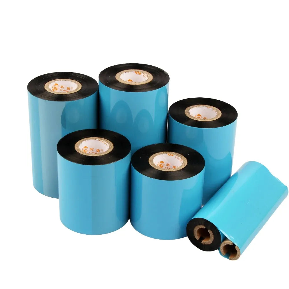 Blue wax ribbon spools with black cores, thermal transfer ribbon set
