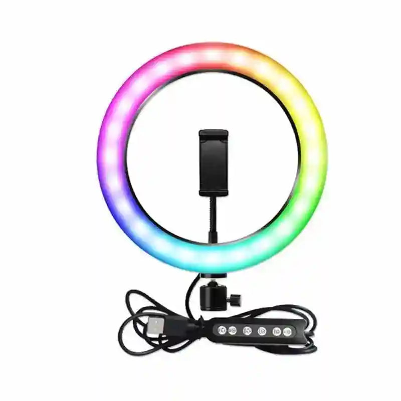 Circular RGB LED ring light with center phone holder and USB cord with inline controller for video and photography.