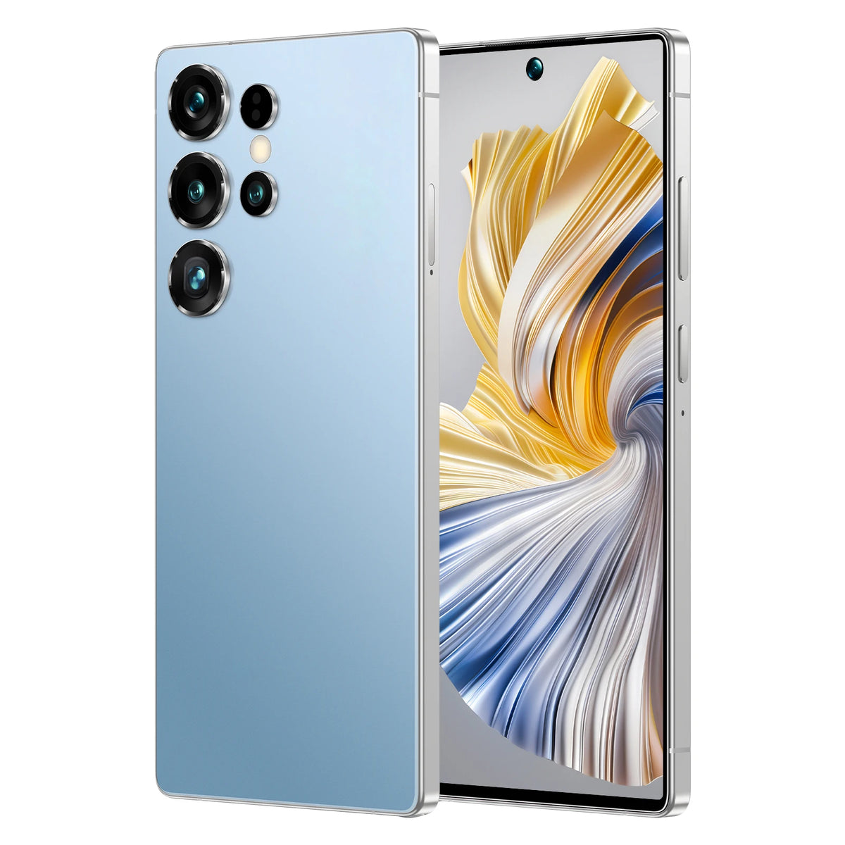 Light blue smartphone with triple rear cameras and front screen with gold and blue abstract waves