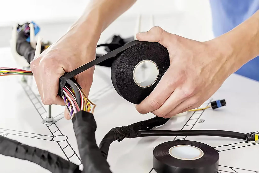 Hands applying black wire harness tape to bundled wires on a wiring diagram
