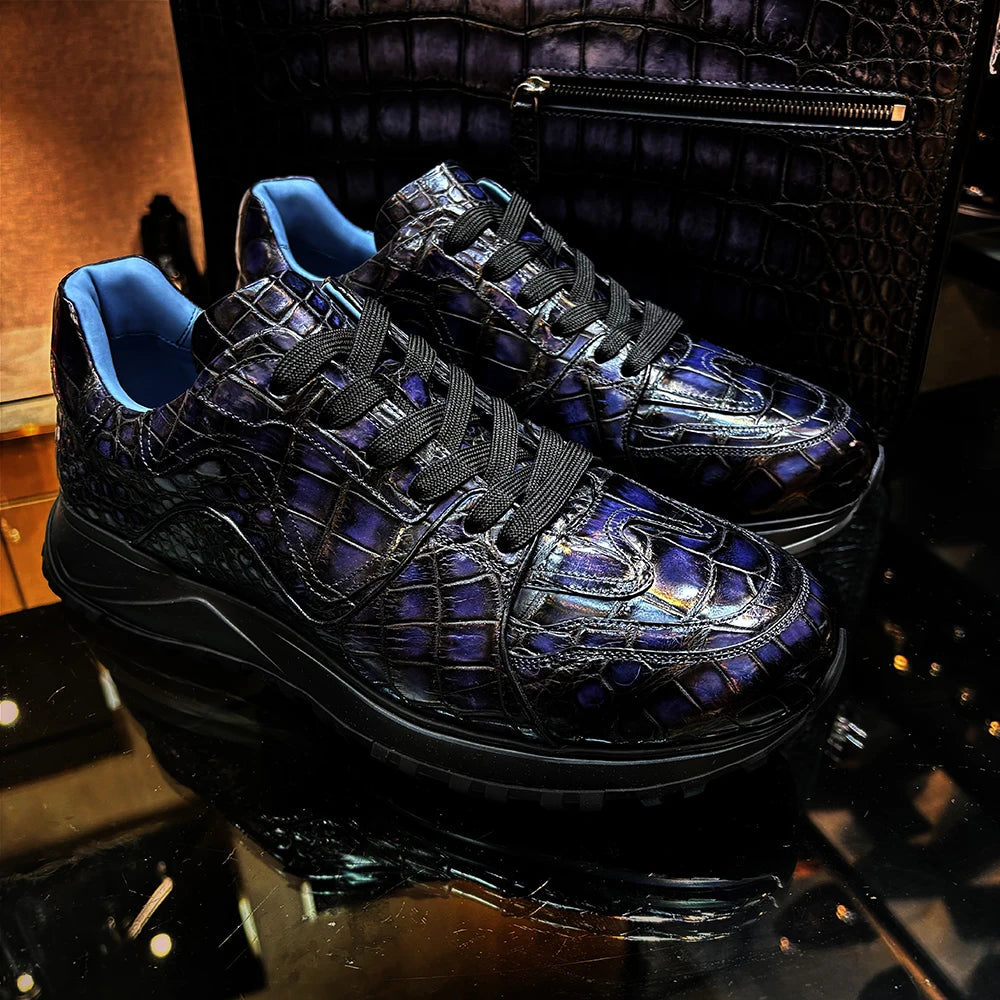 Luxury Handmade Crocodile Leather Shoes Anti-slip Trending Sneakers for Men Breathable Cushioning Walking Style Shoes