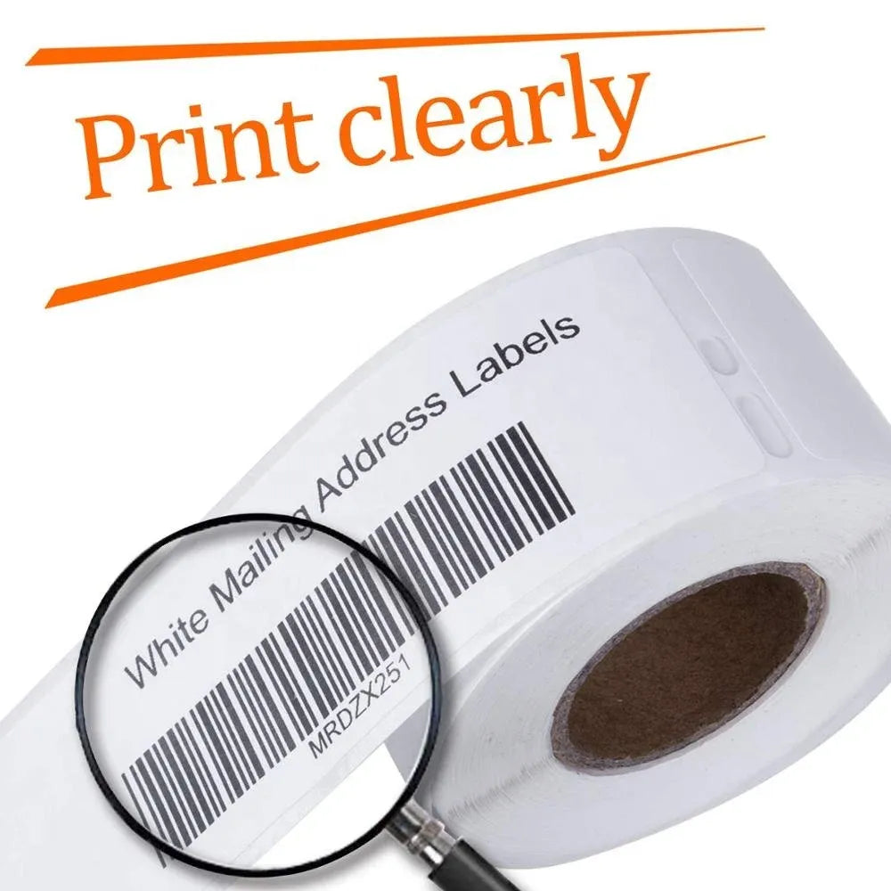 White address label strip with barcode, viewed through magnifying glass