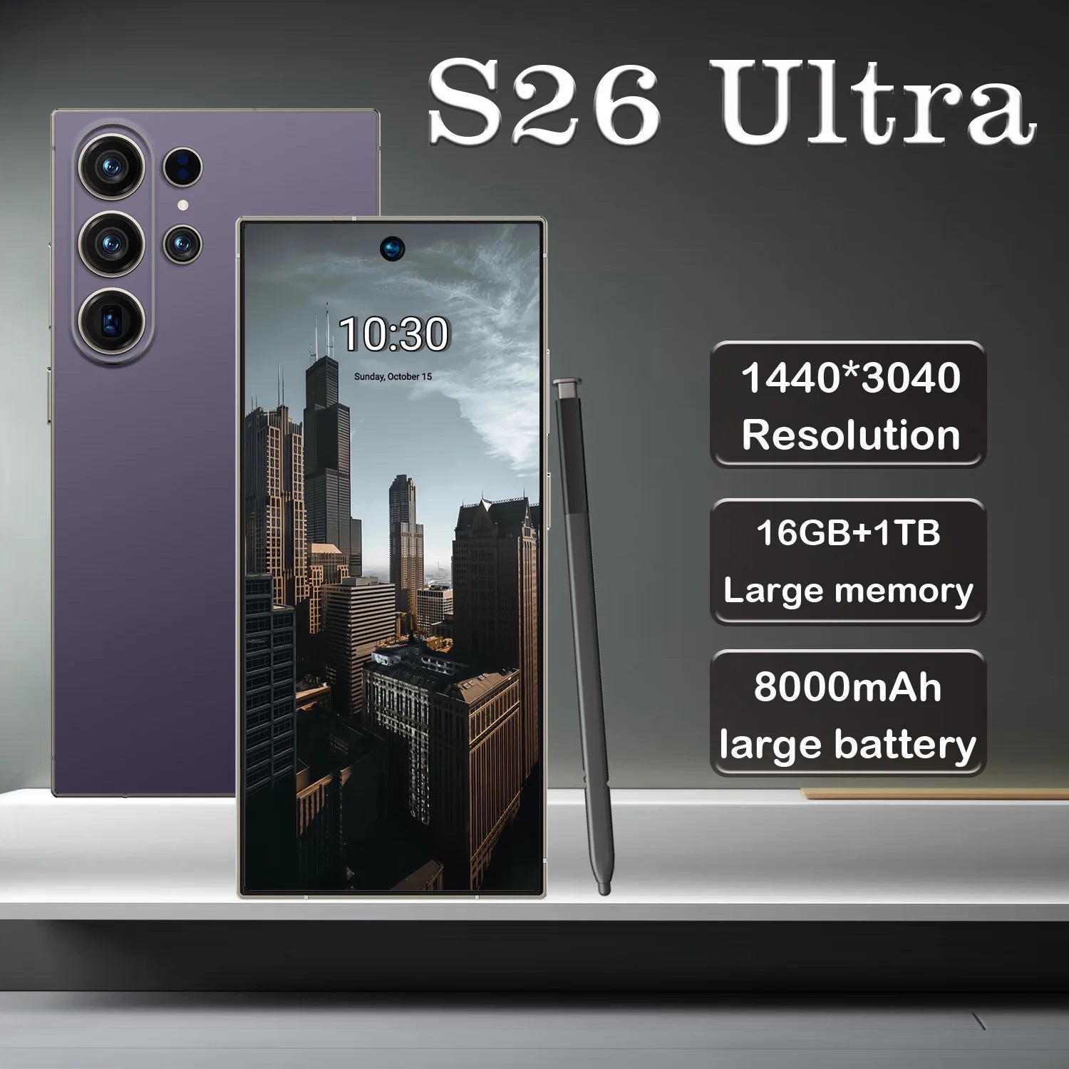 Fast S26 Ultra 2026 6.9 inch 5G smartphone with 108MP camera and 1TB storage showing side profile design