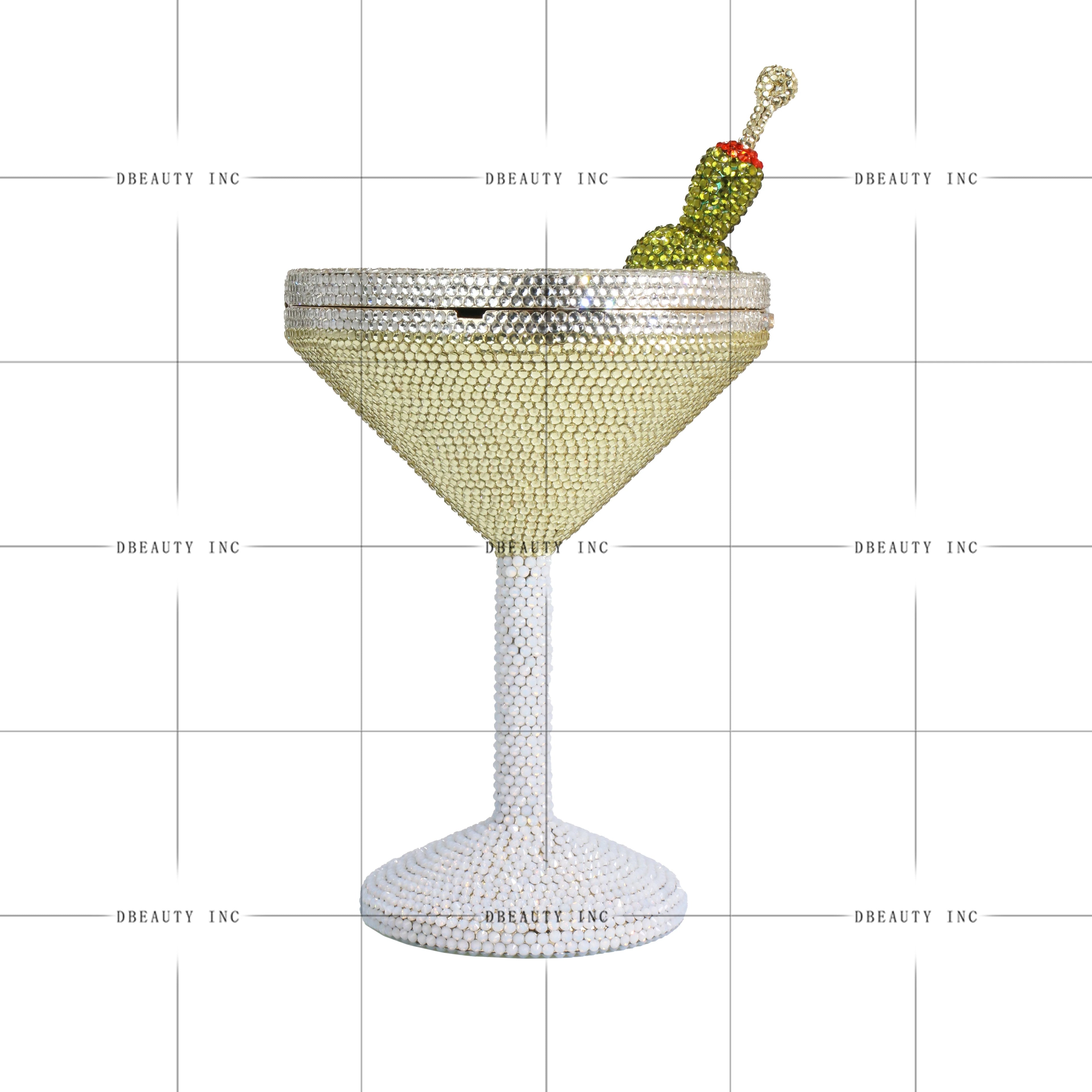 Martini glass evening clutch, crystal rhinestone novelty bag, formal designer handbag for parties and weddings.