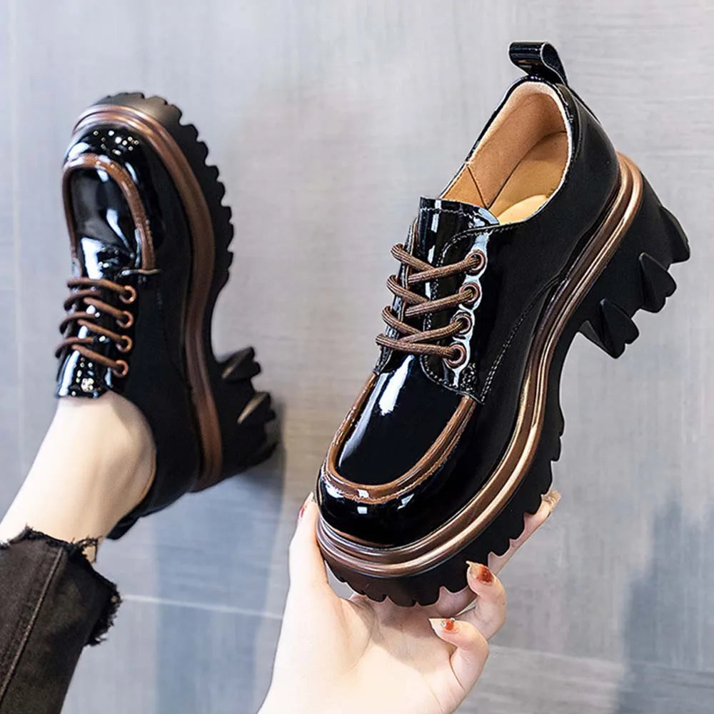 2025 New Women's British Style Spring Autumn Color Blocked Fashion Thick Heel Thick Soled Height Increasing Loafers for Women