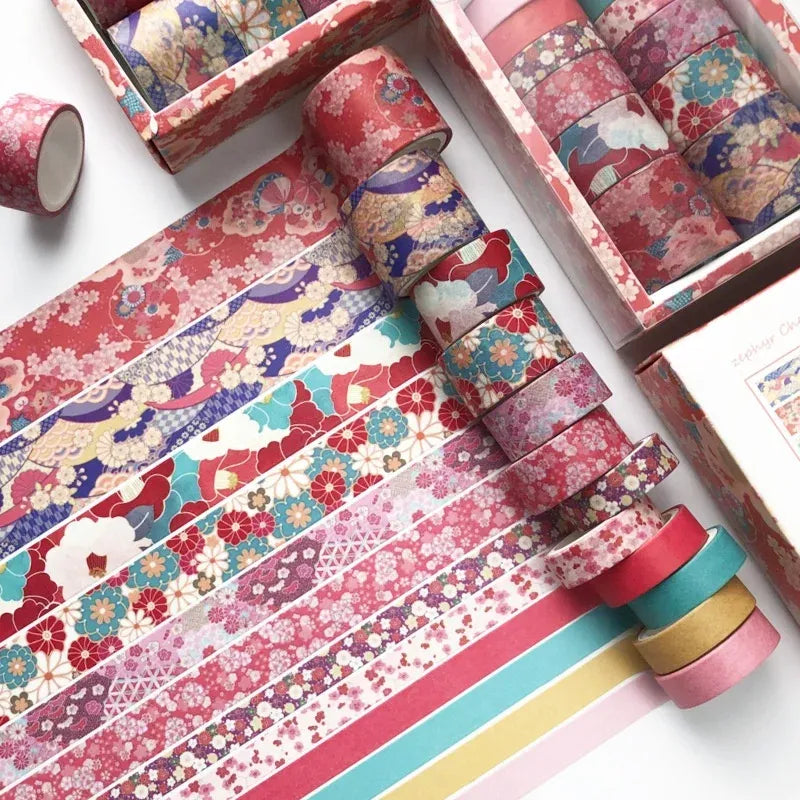 Pink red washi tape rolls set with floral patterns, single-sided masking sticker