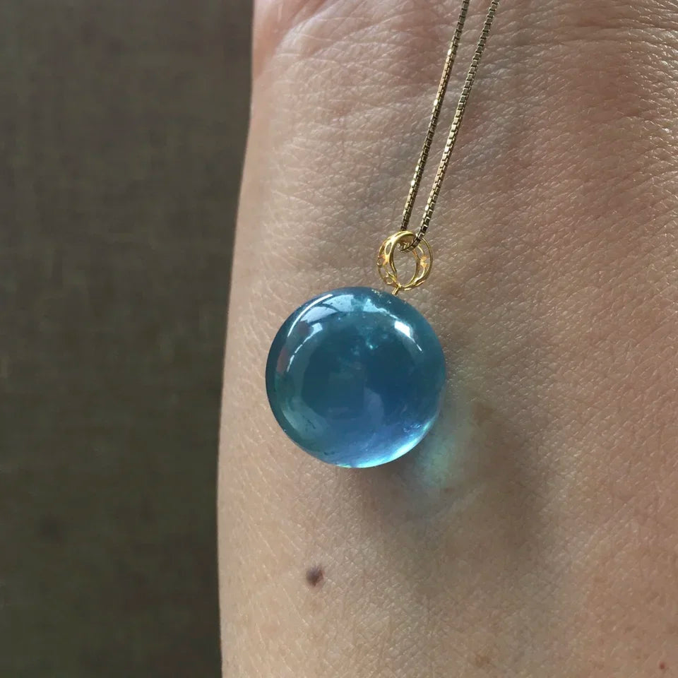 14mm Natural Ocean Aquamarine Beads Classic Pendant Necklace Women Men 18k Silver Wealth Gift Healing Crystal Jewelry