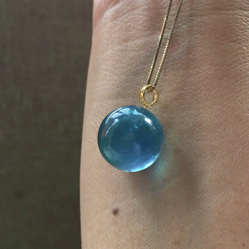 14mm Natural Ocean Aquamarine Beads Classic Pendant Necklace Women Men 18k Silver Wealth Gift Healing Crystal Jewelry
