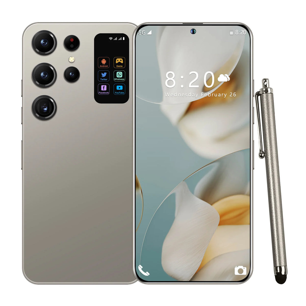 Gold 7.3-inch 5G smartphone with quad cameras, front display, and stylus pen