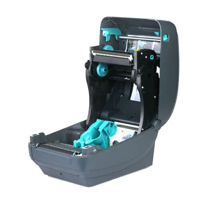 Open thermal label printer with teal ribbon installed in print bay