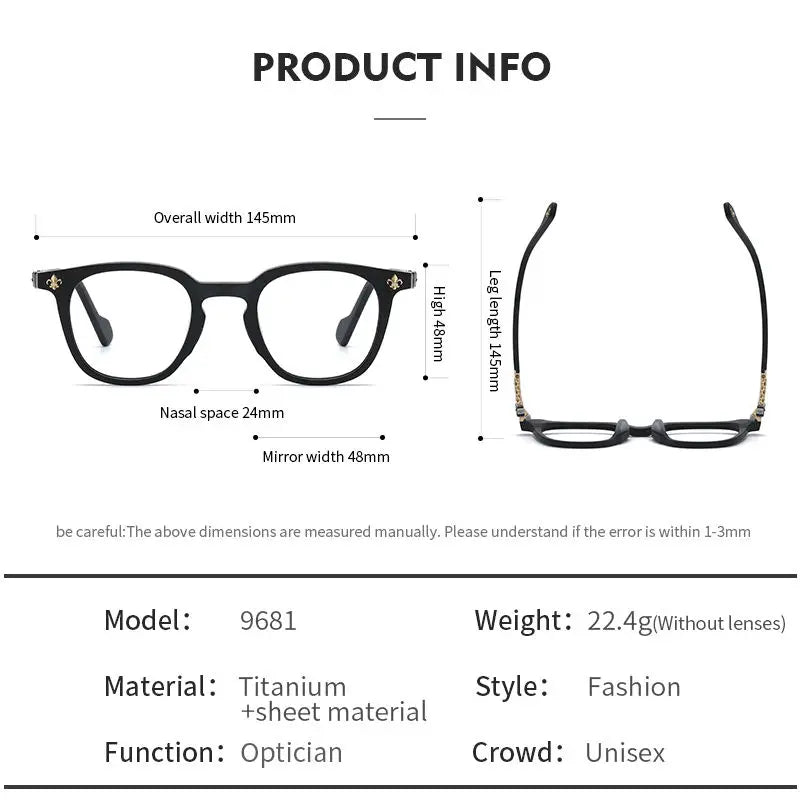 9681 Designer Brand Luxury Eyeglasses Montura Gafas Retail Eyewear Frames with Titanium and AC Lens Printed Pattern