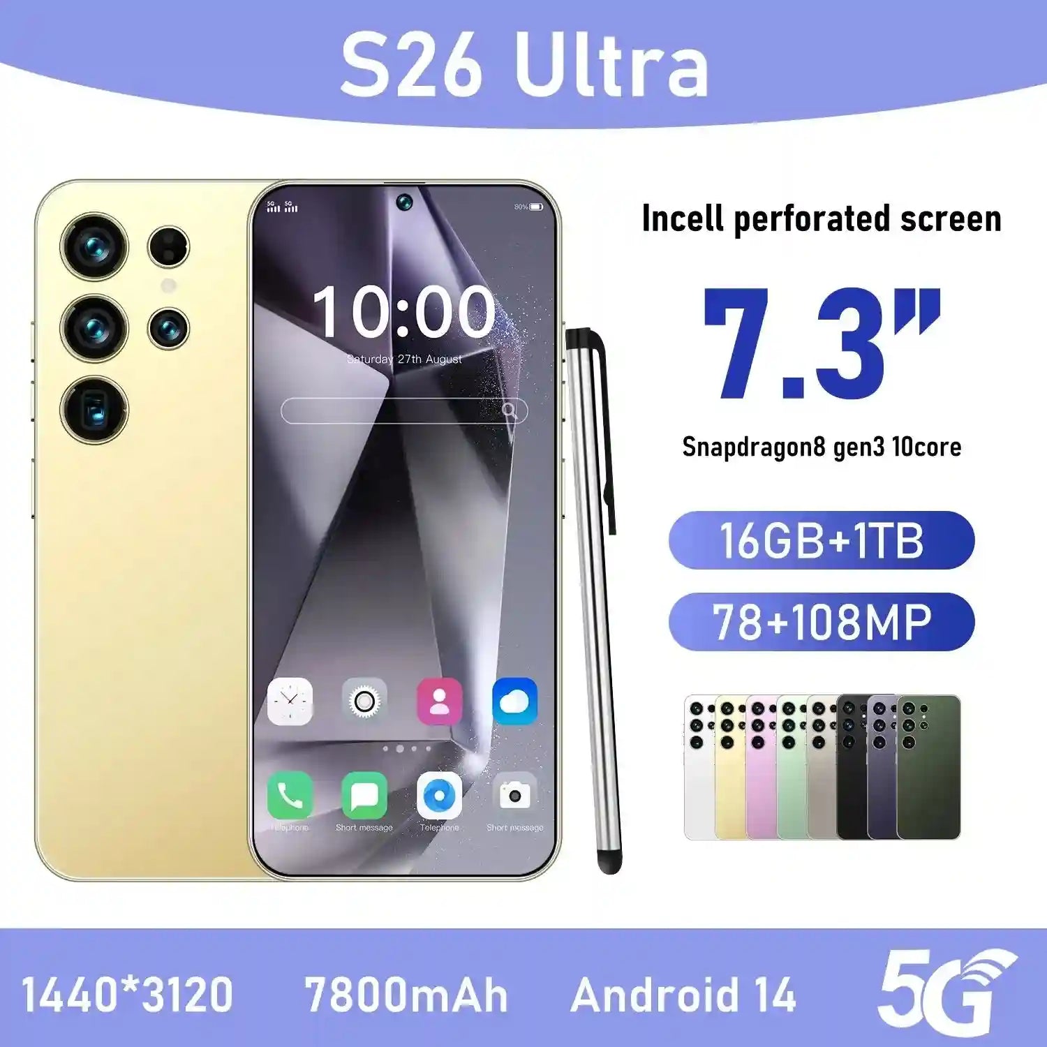 S26 Ultra 5G Smartphone – 22GB RAM, 2TB Storage, Dual SIM Unlocked Gold 16g 1TB Tidesmit