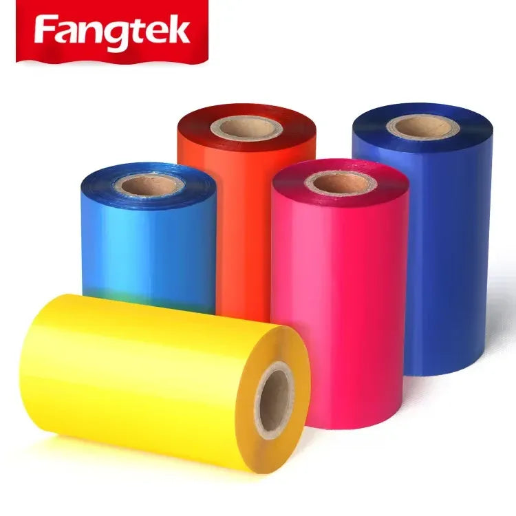Color thermal transfer ribbon rolls: yellow, red, pink, and blue