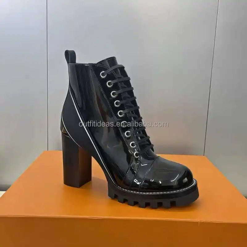 Original Sole Genuine Leather Patent Monogram Platform 3.1 Inch High Heel Calfskin Women Leather Laces Star Trail Ankle Boot