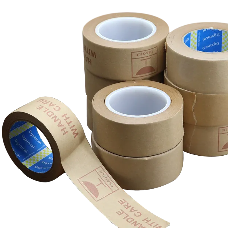 Brown kraft sealing tape rolls with printed warning strip and blue core inserts