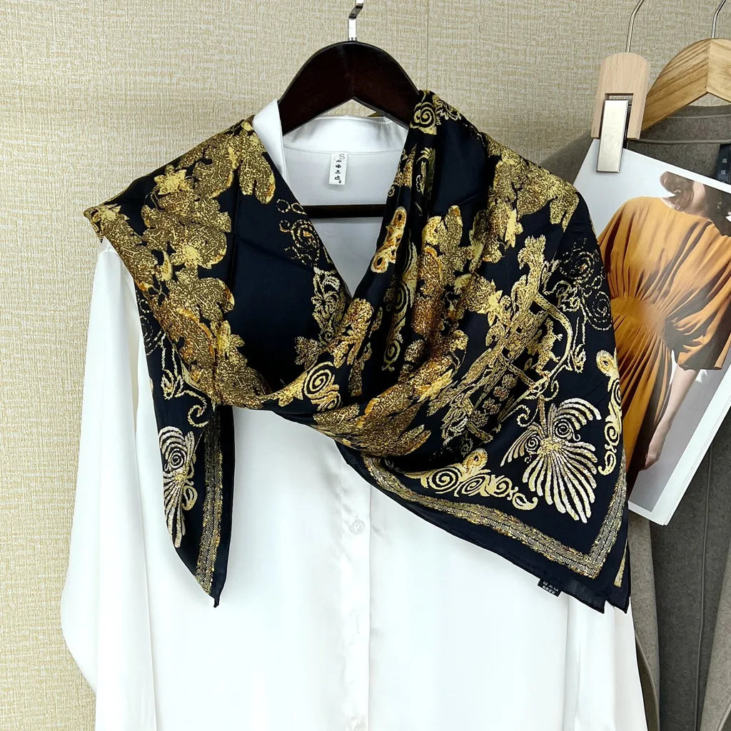 105cm Large Square Scarf Mulberry Silk Crepe Satin Shawl Printed Floral Scarf