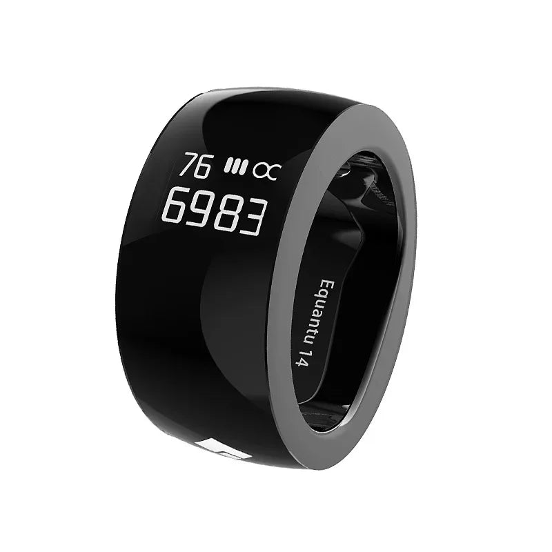 Glossy black smart fitness ring with a digital health tracking display, wide band shape, and metallic inner lining.