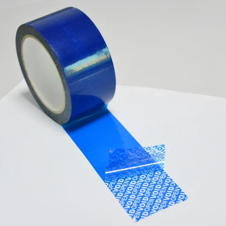 Blue tamper-evident void seal tape roll with printed VOID tape strip