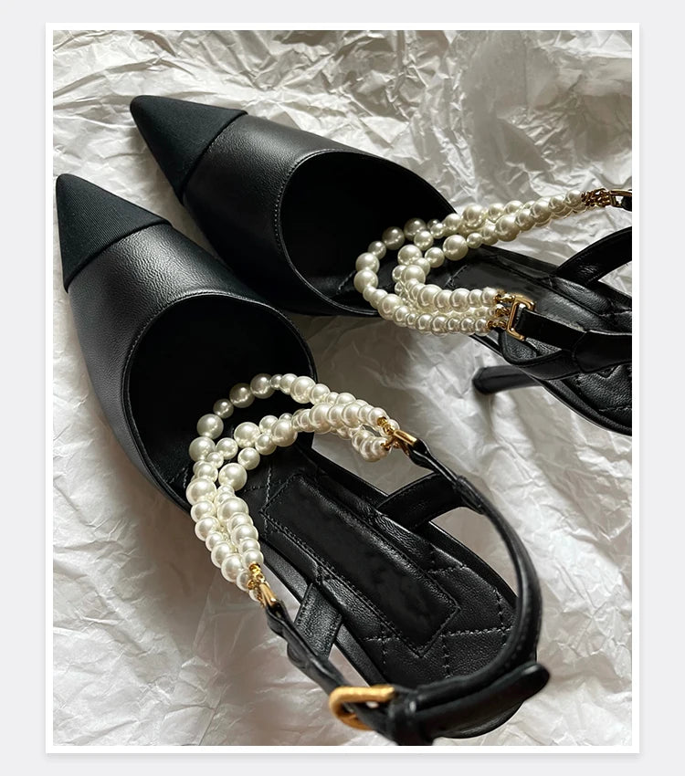 2026 Summer New Pointed High Heels Color Blocked Pearl Chain Toe Women's Sandals