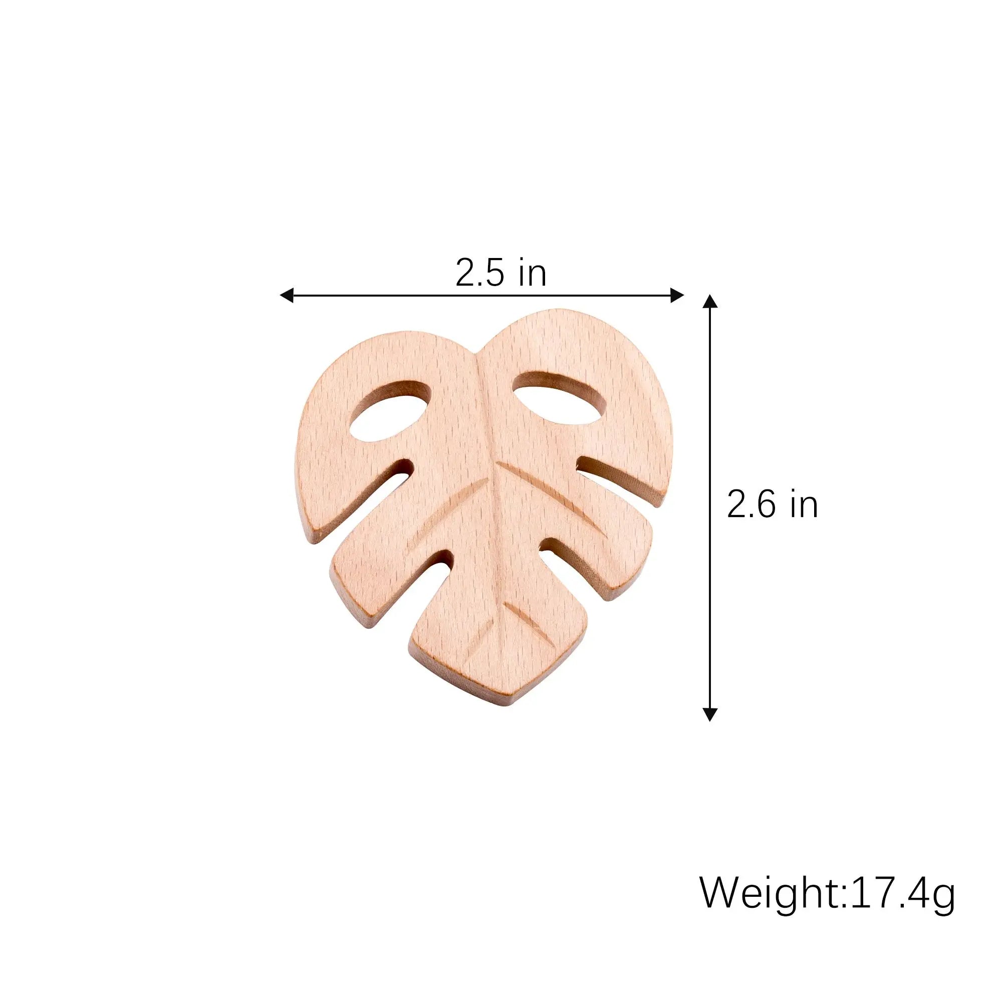 Natural wood monstera leaf baby teething toy for soothing gum pain.