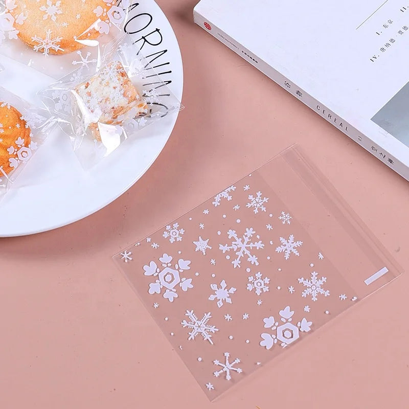 100 Counts Snowflake Treat Bags Self Adhesive Cookie Bags Resealable Cellophane Treat Bags
