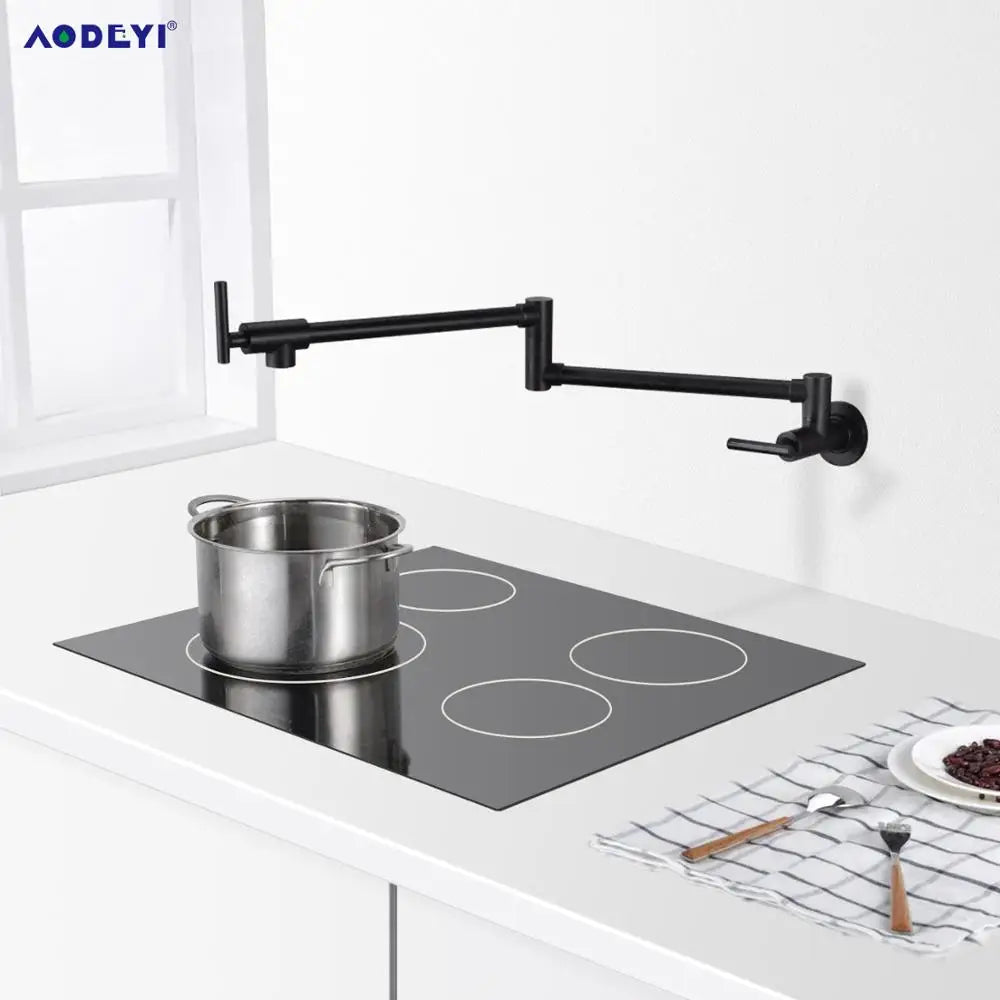 Brass Pot Filler Tap Wall Mounted Kitchen Sink Faucet Black Single Cold Taps Single Hole faucets 360 Rotate Folding Spout spigot