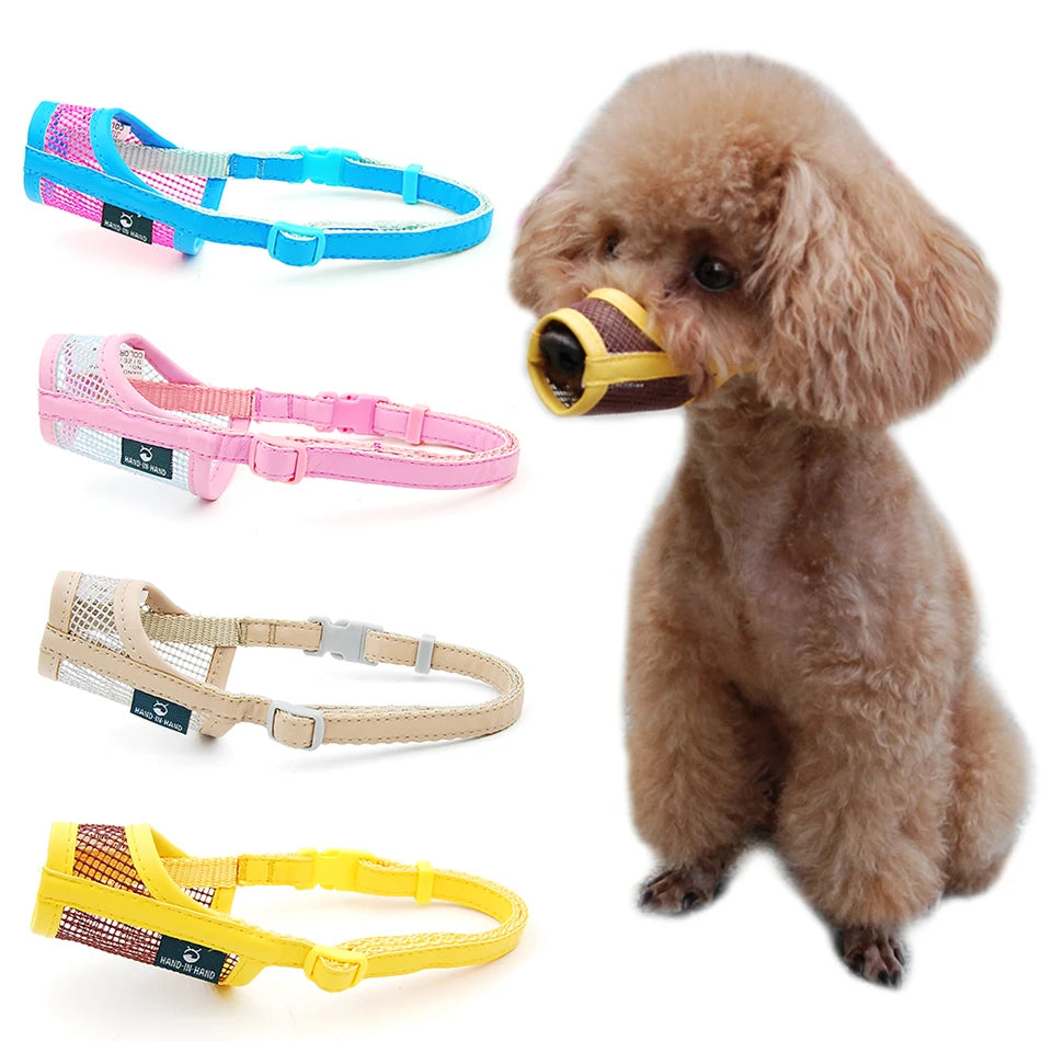 Adjustable mesh and leatherette dog muzzle in various colors, worn by a small poodle for safe, comfortable training.