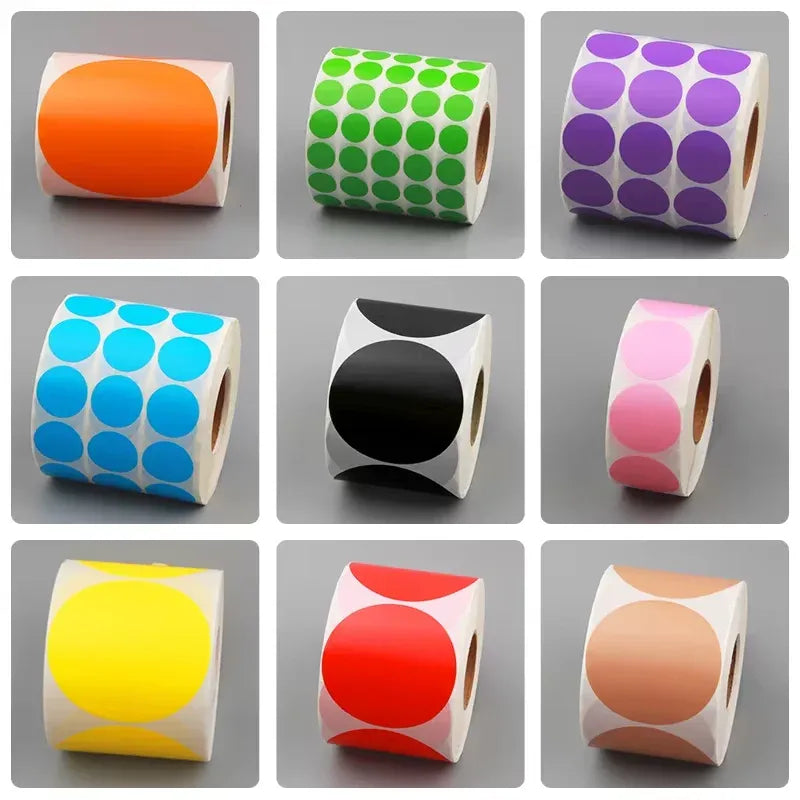 Sticker roll sample set with multicolor circular labels on white backing