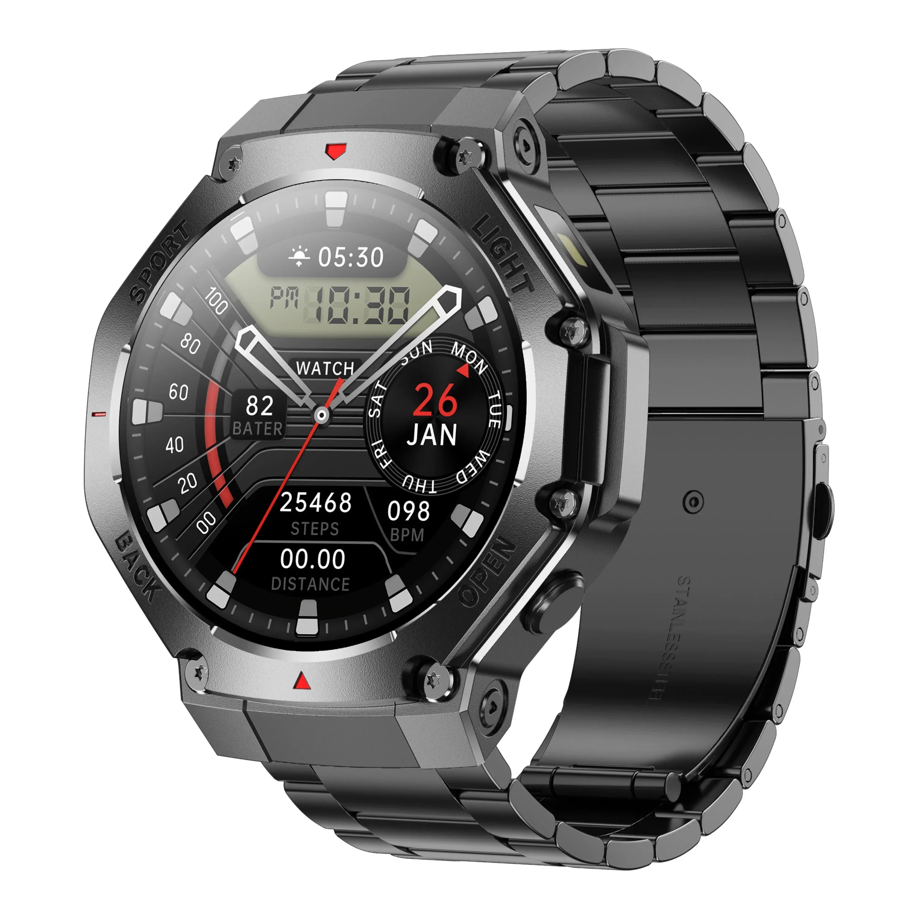 Men Outdoor Sports Smartwatch - 1.53 Inch Fitness Tracker & Heart Monitor Black steel My Store