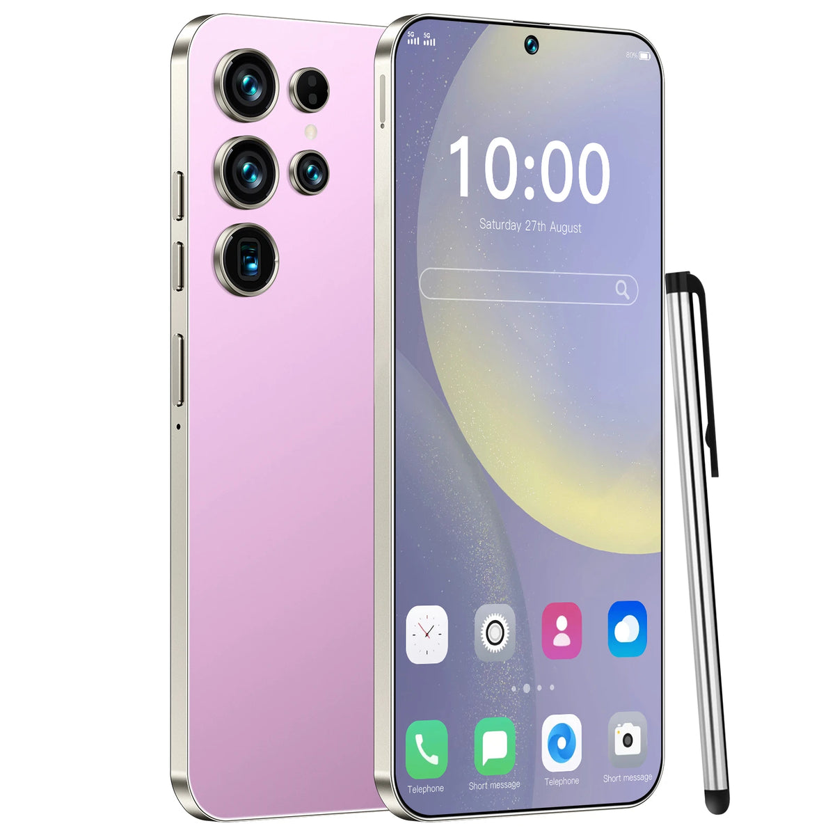 S26 Ultra 5G smartphone with pink back and triple rear camera, front screen on