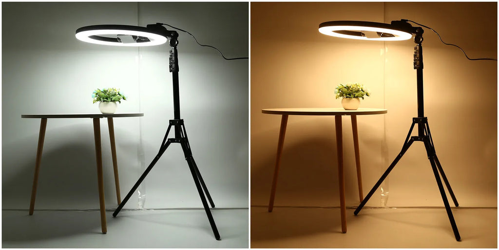 Ring light on an adjustable black tripod stand, shown with cool white and warm yellow lighting settings.