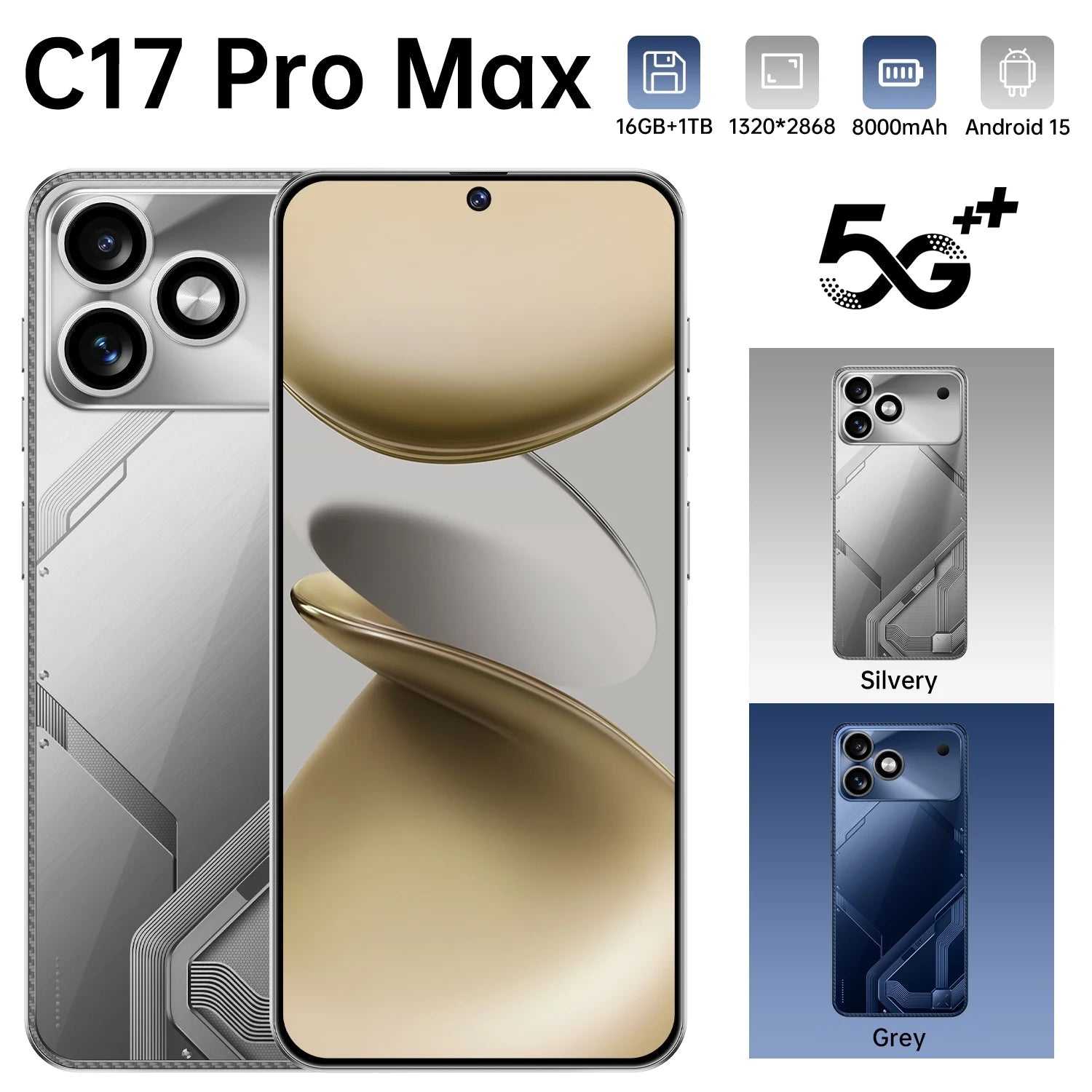 5G Smartphone 7.3-inch AMOLED 16GB RAM 1TB Unlocked Mobile Silver/Gray Tidesmit