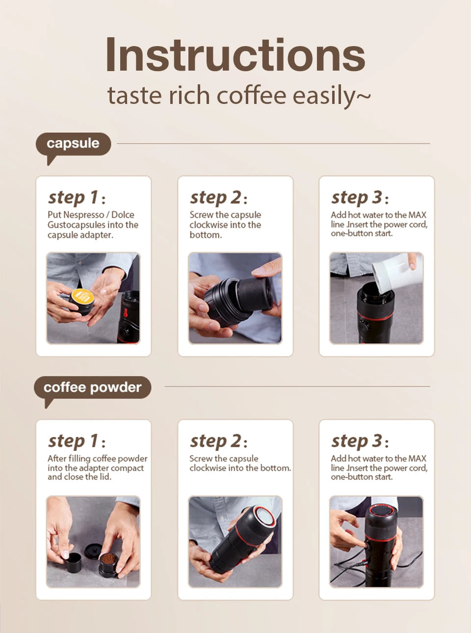 Portable black electric coffee maker instructions for Nespresso capsules or ground coffee powder.