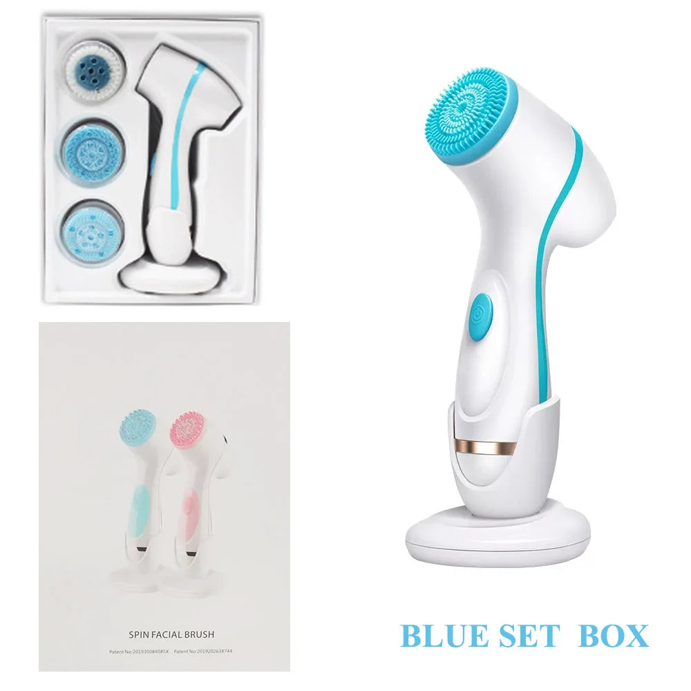 Sonic facial cleansing brush set with spinning heads for deep skin exfoliation, blackhead removal, and spa care.
