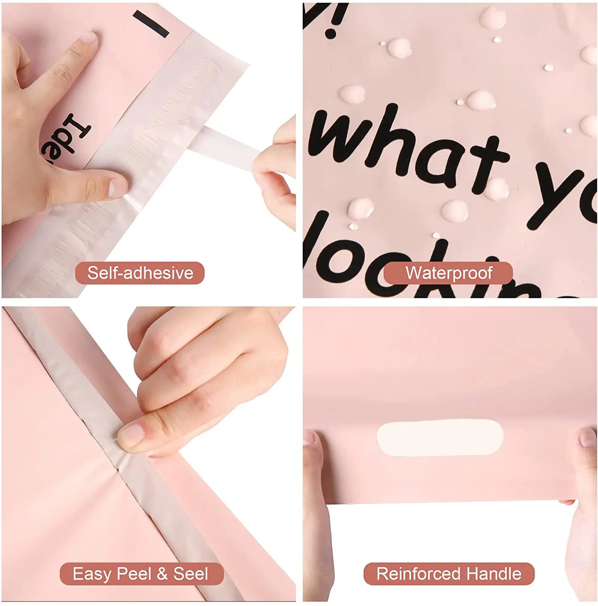Pink self-adhesive seal strip set with easy peel and reinforced handle details