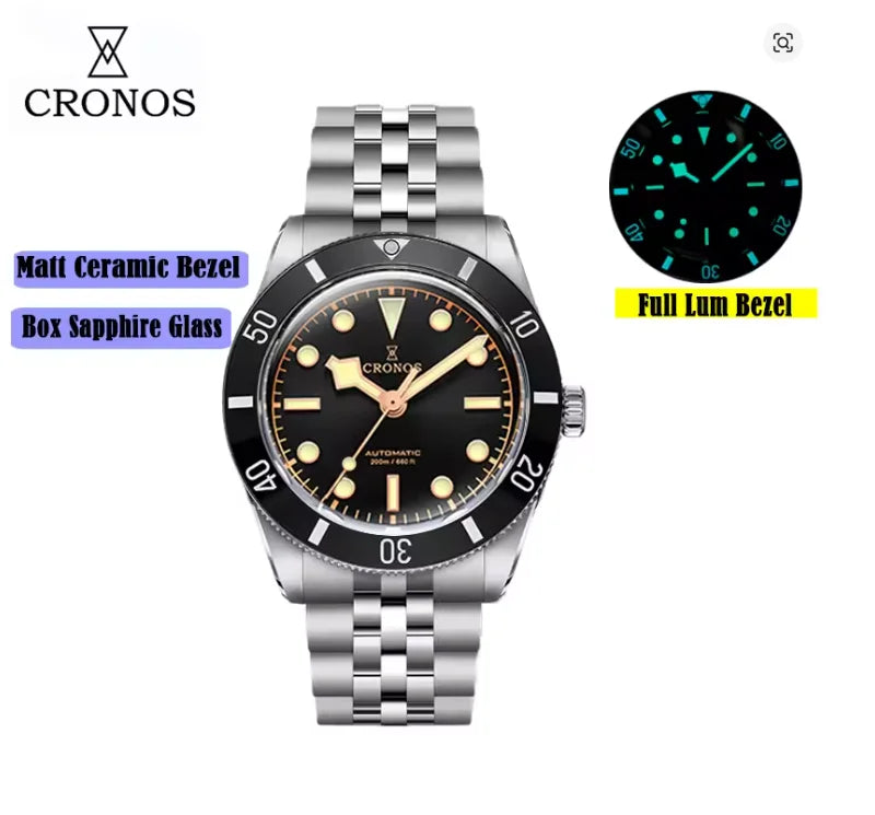 CRONOS Men Automatic Watch 37mm Mechanical Wristwatch Sapphire Diver 20ATM Waterproof BGW-9 Luminous PT5000 SW200 Ceramic Bezel
