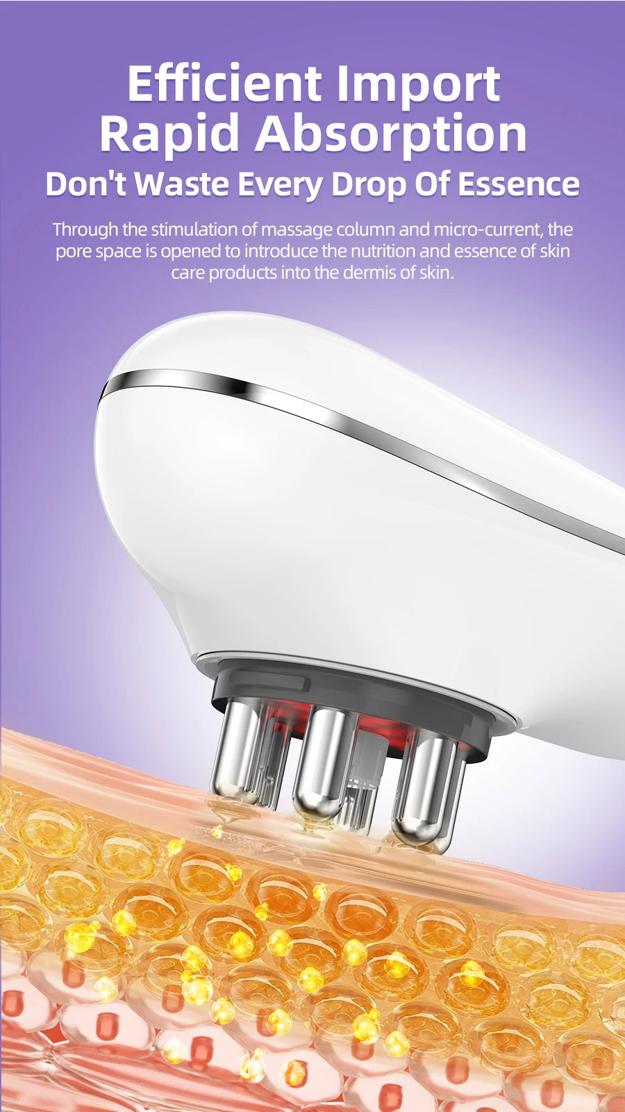 White, handheld body sculpting device with silver massage prongs pressed against a cross-section of skin tissue.