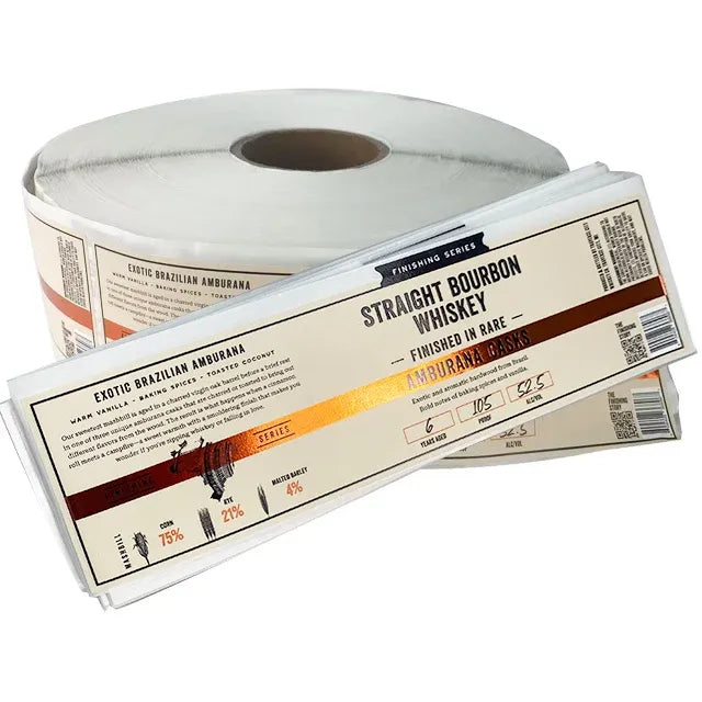 Self-adhesive vinyl bottle labels sheet with bourbon whiskey design and text graphics