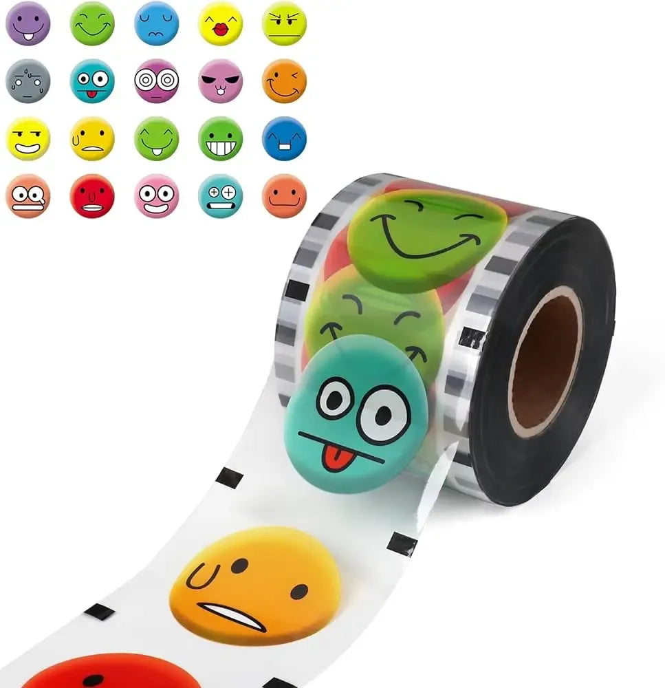 Clear thermal laminating film roll with playful cartoon face sticker designs