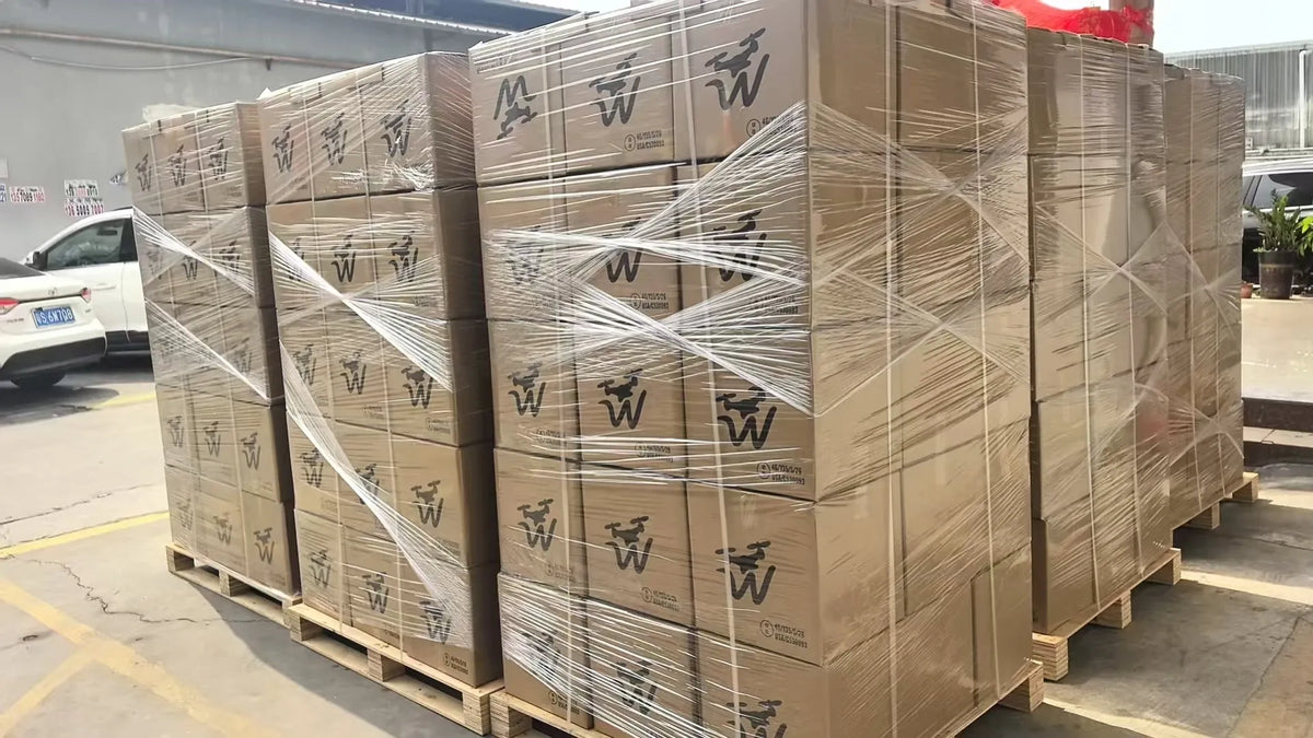Warehouse pallet stack of taped cardboard boxes for tape shipment