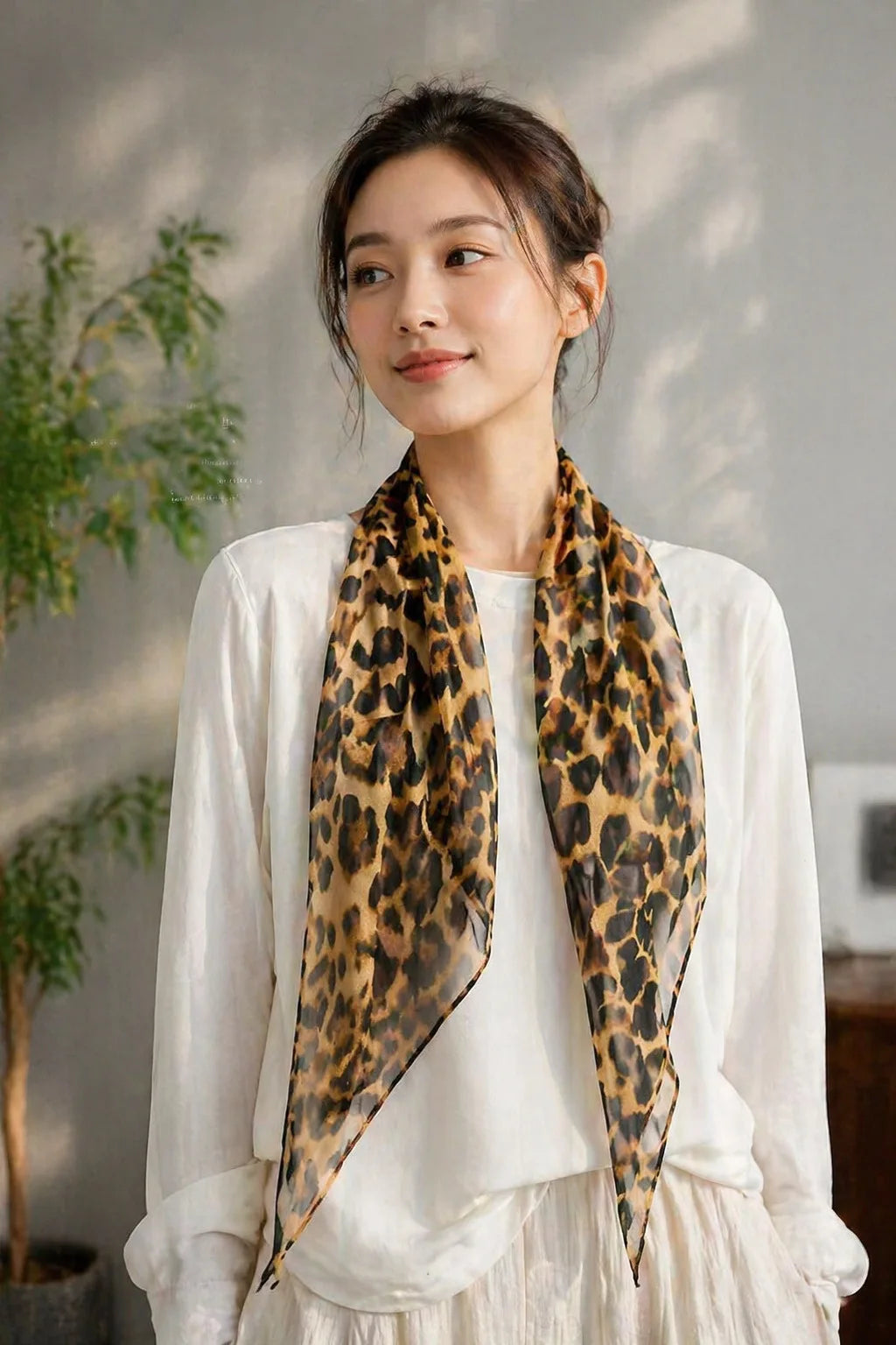 32x155cm Vintage Silk Georgette Leopard Print Long Scarf Original Item Tie-up Neck Scarf for Women Layering Outfits Customize