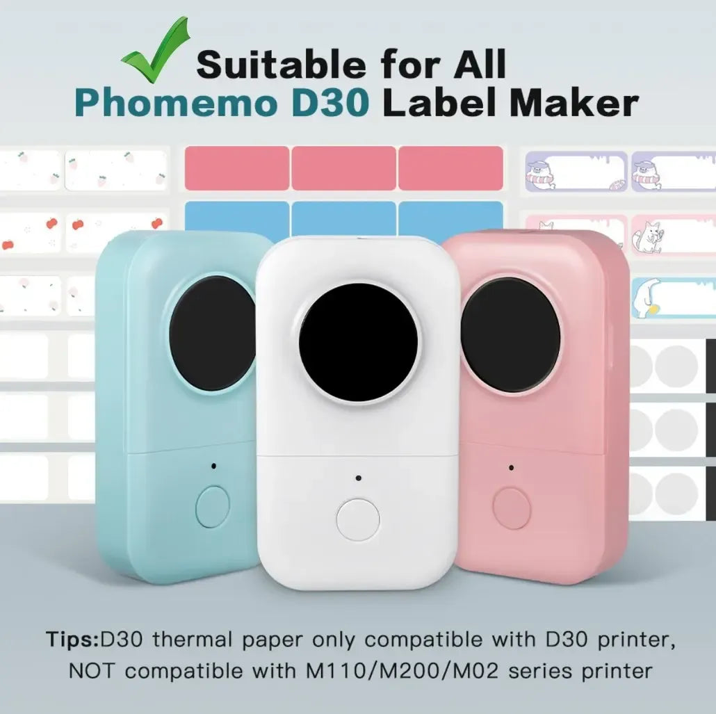 Square white label tape for D30 label maker, shown with three printer color housings