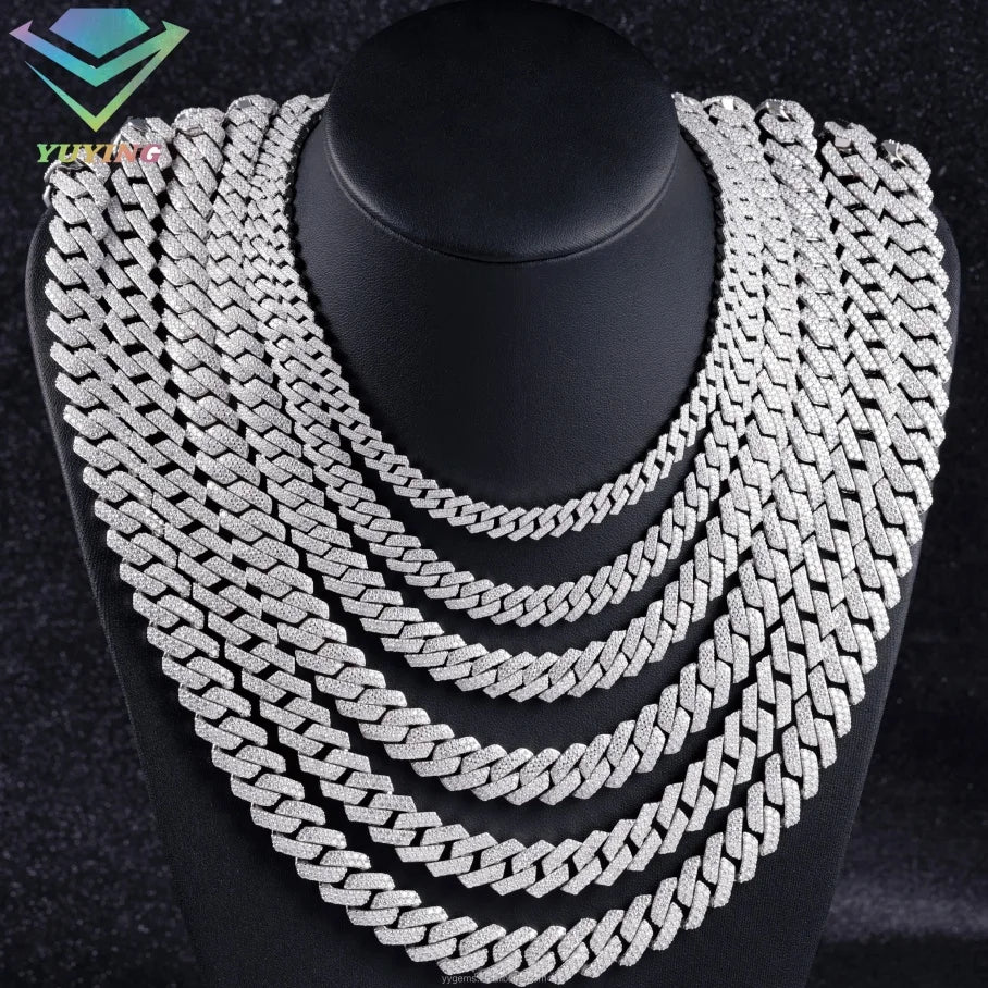 8mm-12mm Width 100% Pass Tester 18k Gold Plated 2rows VVS Moissanite  925 Silver Cuban Link Chain for Hip Hop Rapper Jewelry