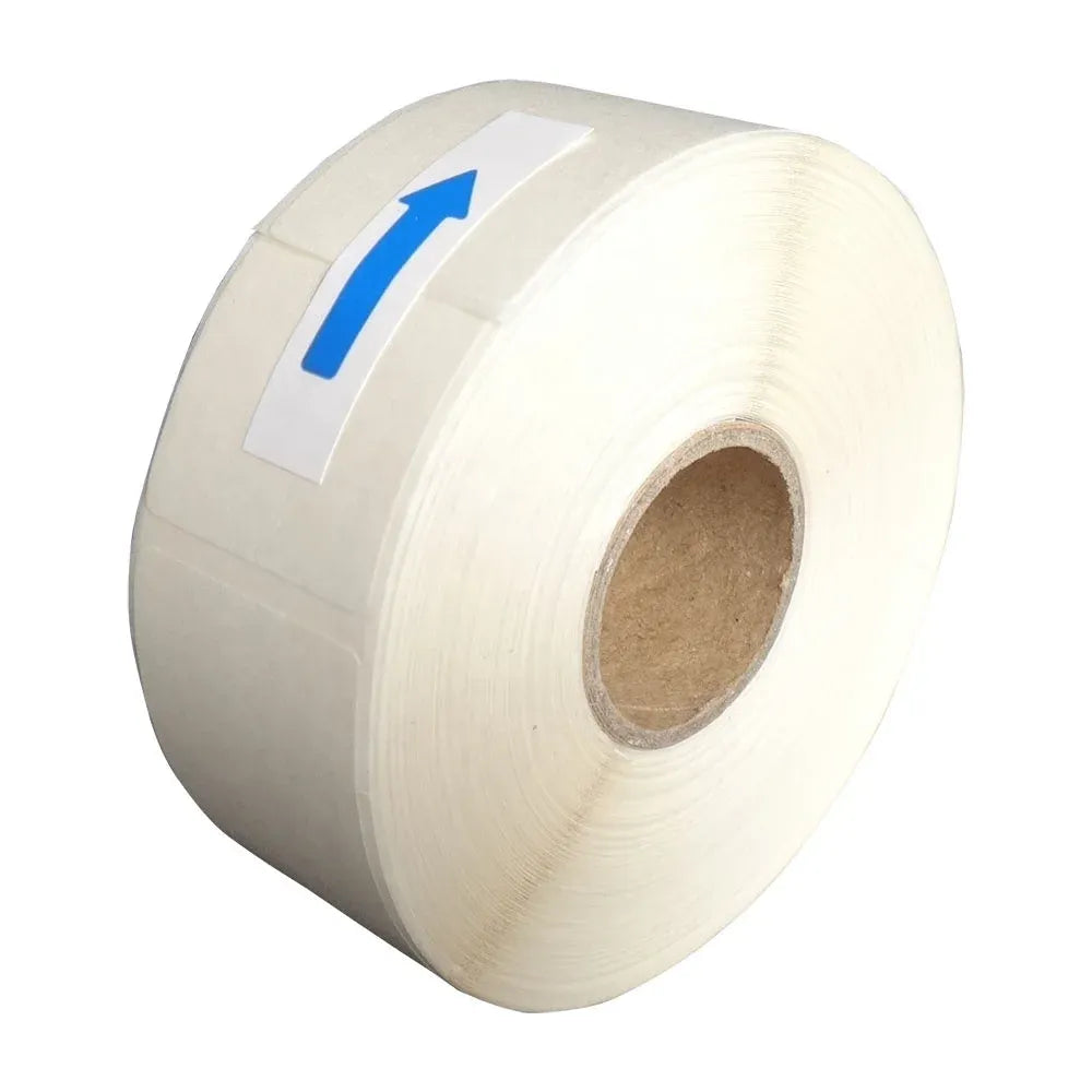 White water-soluble adhesive label roll with printed arrow marker