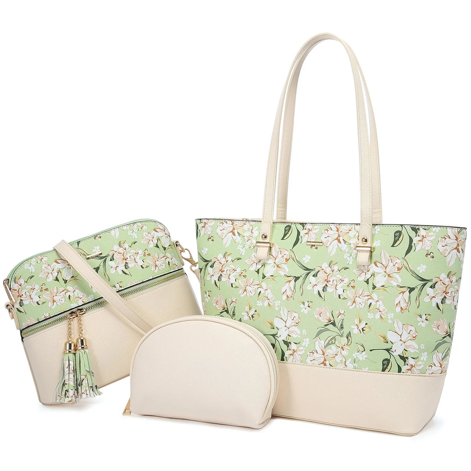 3-piece designer handbag set in light green floral PU leather, featuring a tote, crossbody, and clutch purse.