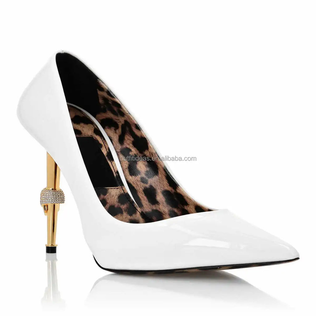 Top Quality Luxury Jewel Sandal Design 12cm Stiletto Heel Skull Heel Dappled Patent Leather Leopard Pumps Women Sexy Party Shoes