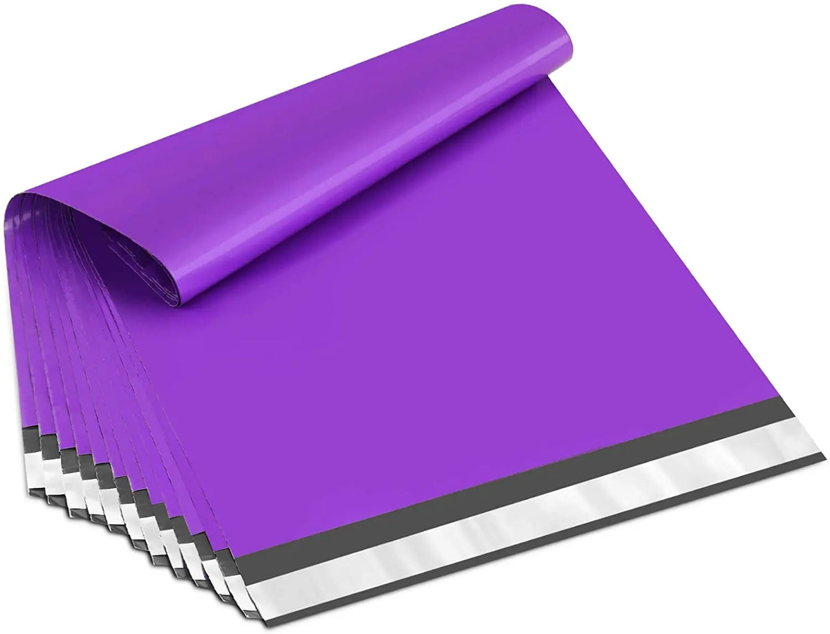 Purple poly mailer bag roll with black-and-silver stripe and stacked layers